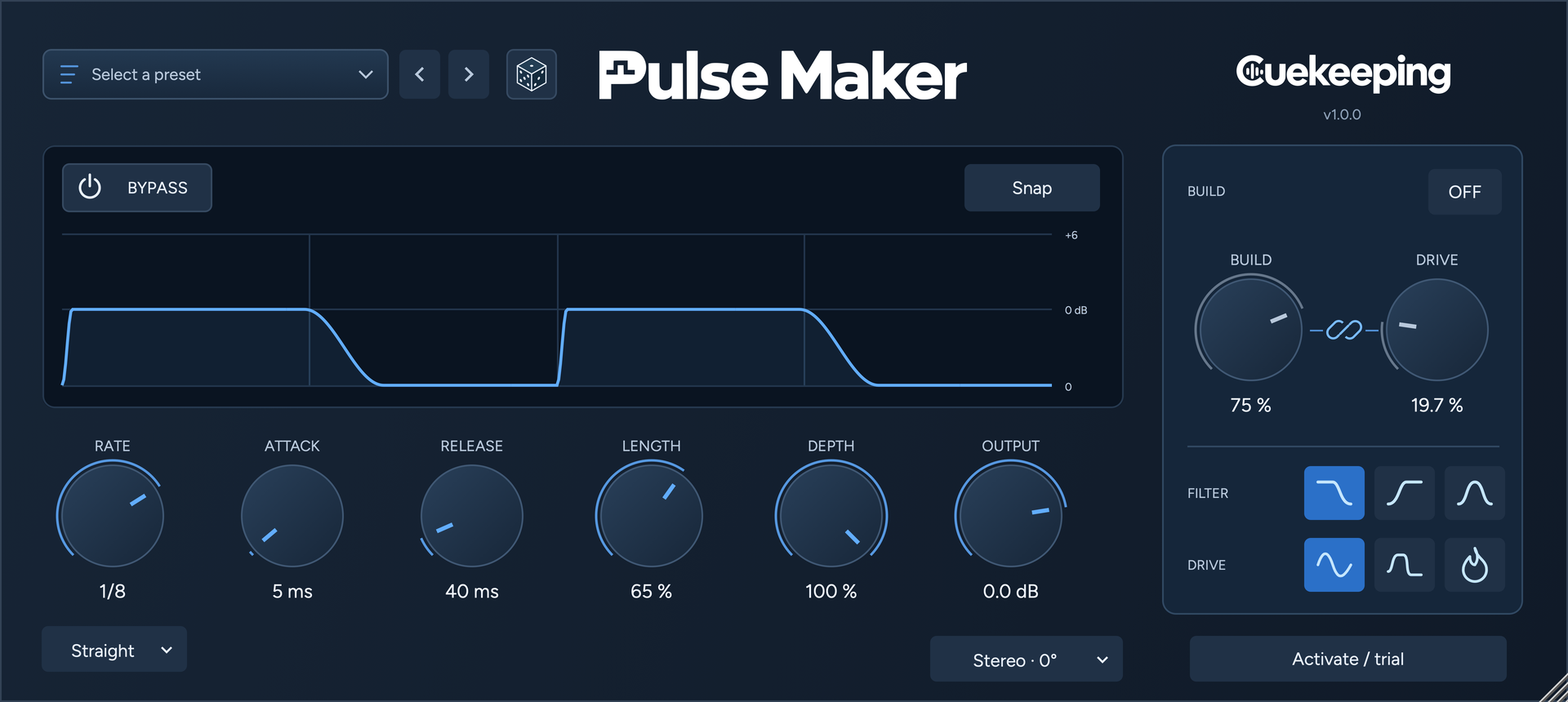 Pulse Maker interface with the Rate knob set to 1/8, Straight timing, pulse shaping, Build and Drive controls